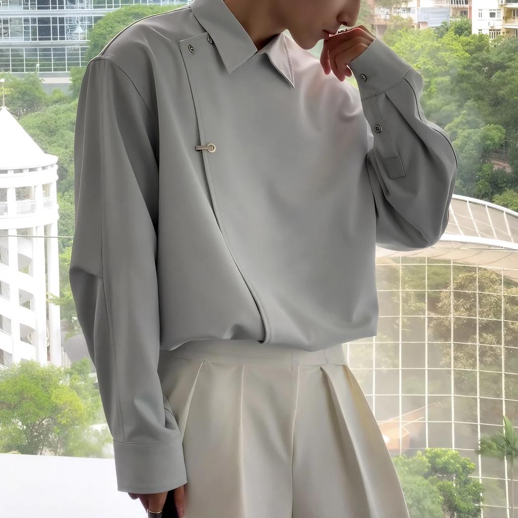 Men's Spring Autumn Asymmetrical Button Long Sleeve Shirt Casual Loose Top