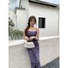 Coffee break French purple floral suspender dress, summer style, waist and thin temperament split-ended long dress
