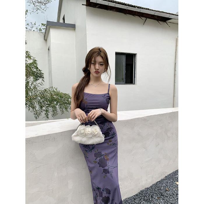 

Coffee break French purple floral suspender dress, summer style, waist and thin temperament split-ended long dress S фиолетовый