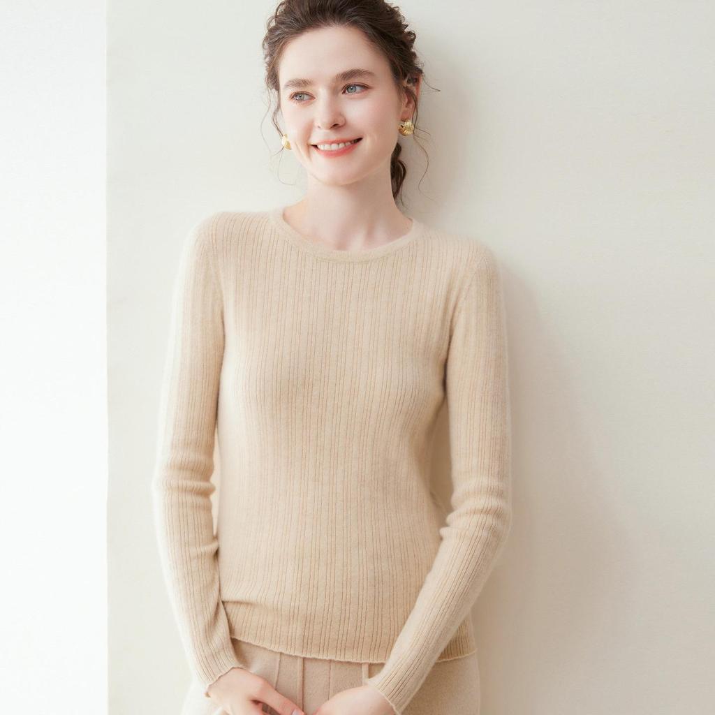 Lekasha Pure Cashmere Seamless Vertical Stripe Round Neck Base Layer Shirt for Autumn/Winter