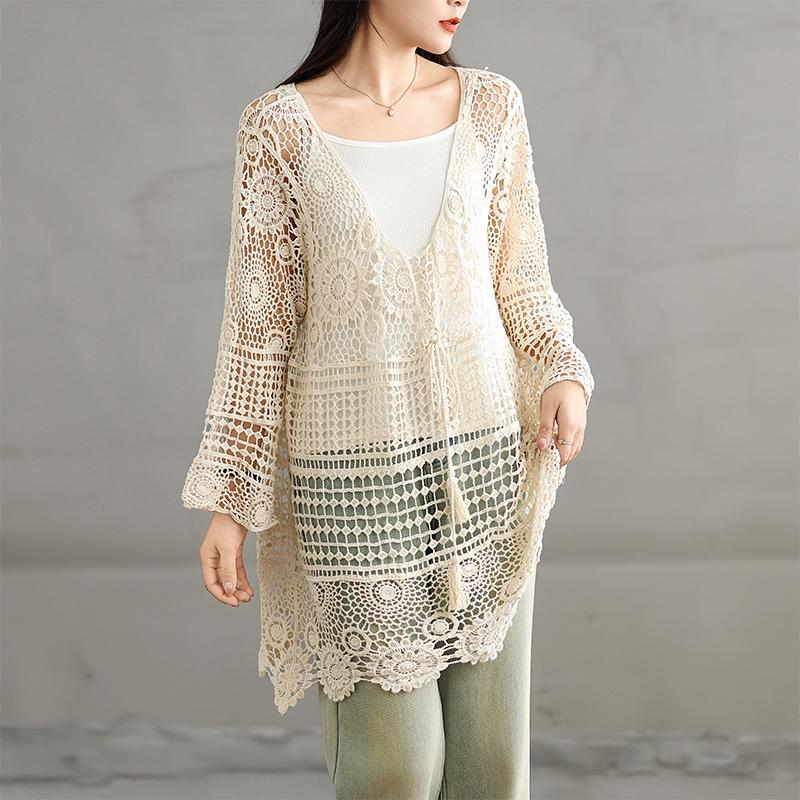 

DIMANAF Новинка 2025 Футболка женская трикотажная кружевная с длинным рукавом и круглым вырезом, летний стиль, базовые топы, футболки, свободная одежда One Size бежевый