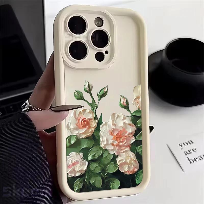 Oil Painting White Rose Flower Silicone Phone Case For iPhone 15 14 13 12 11 Pro Max XS X XR 7 8 Plus Shockproof Soft Cover