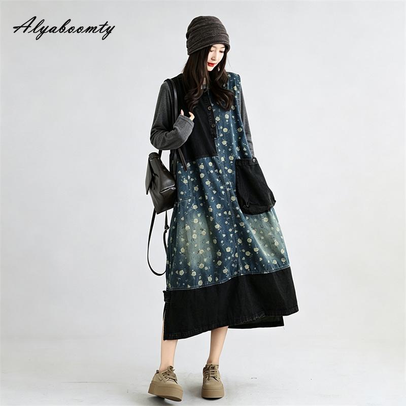 Korean Fashion Autumn Spring Women Oversized Denim Sundress O Neck Patchwork Rose Floral Print Tank Dress Sleeveless Retro Baggy Stylish Midi Dress