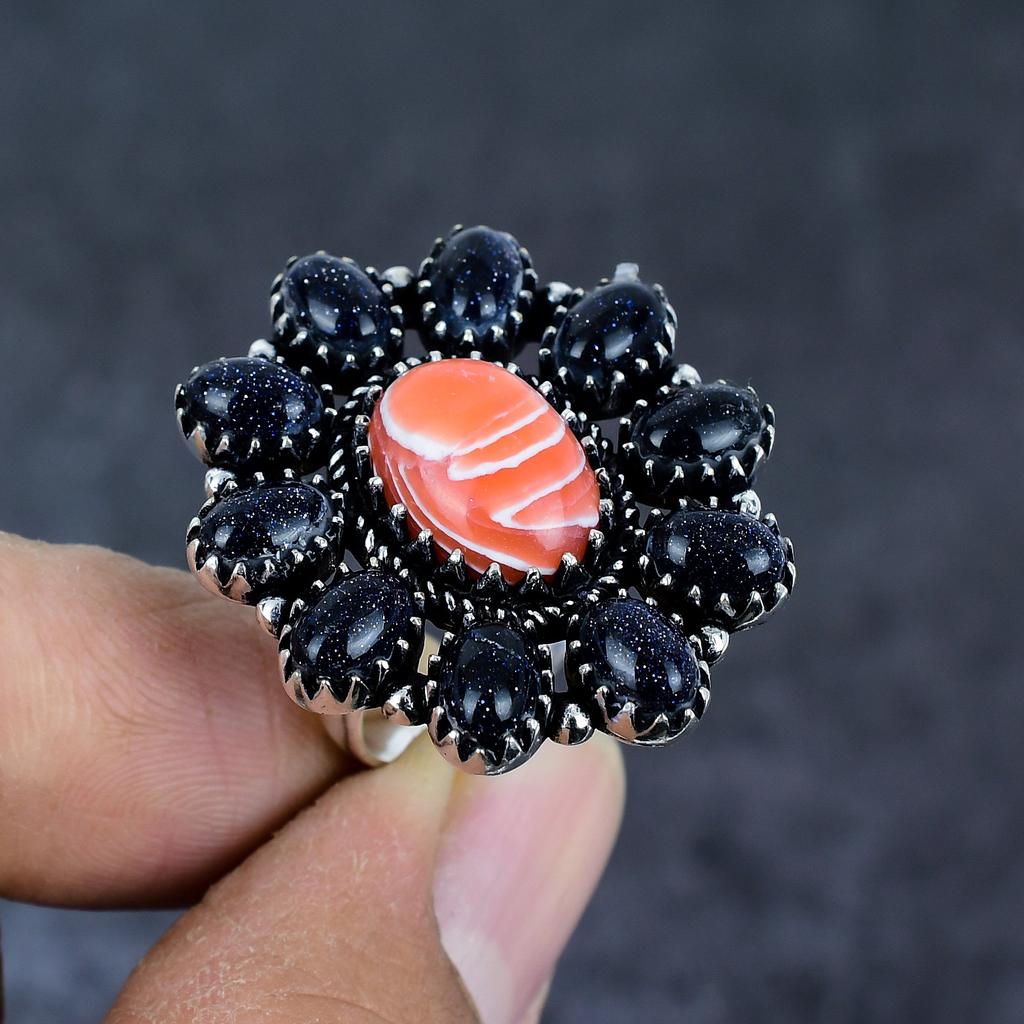 Natural Orange Lace Agate, Sunstone 925 Sterling Silver Jewelry Ring Size 8 B4D79