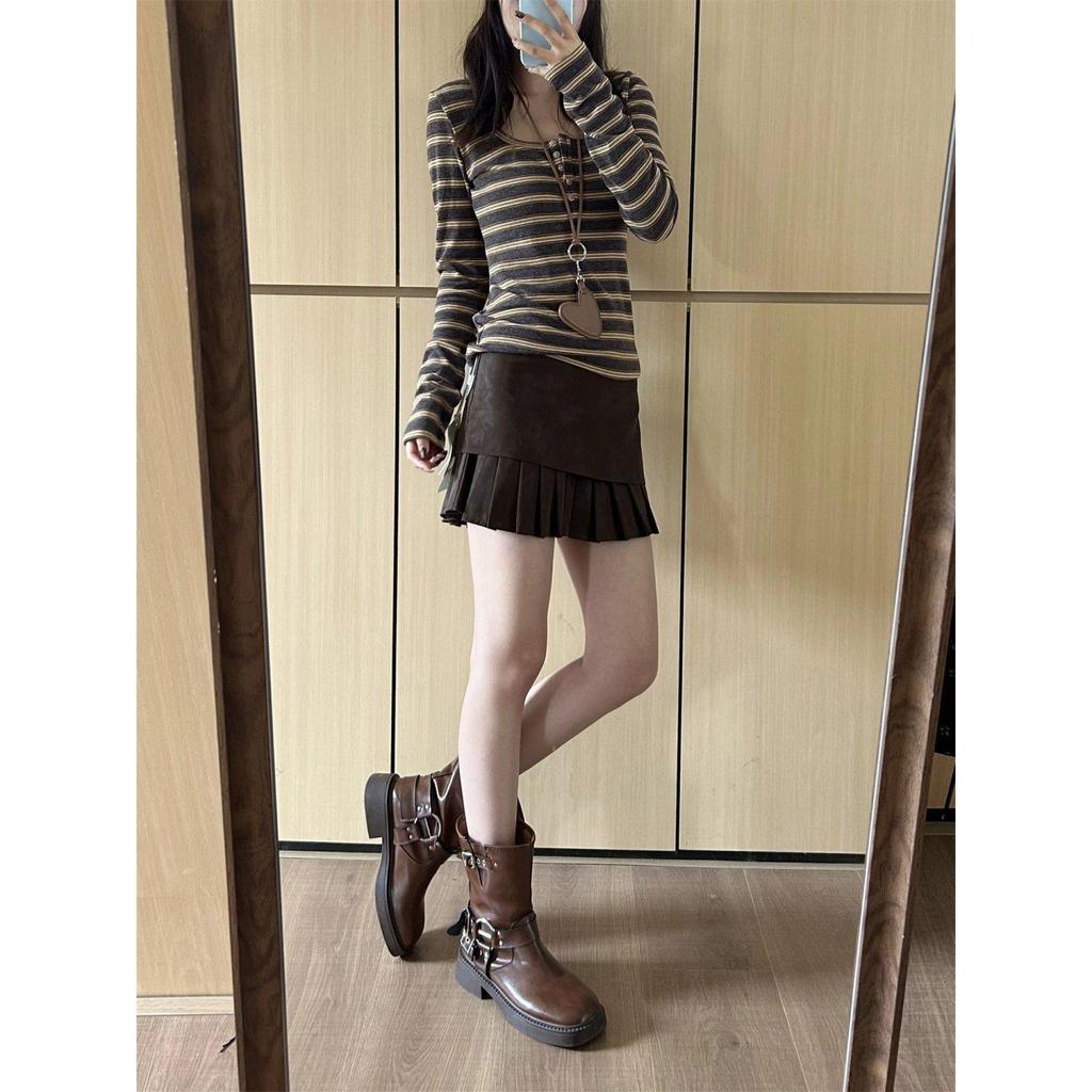 Gonna a pieghe linea A in camoscio color caffè da donna a vita alta, taglie forti, vestibilità slim per primavera/autunno