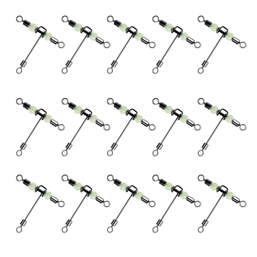 15Pcs Barrel Rolling Swivels Fishing Tackle with Luminous Beads Cross Line Swivels T Shape Swivel Catfish Rig Swivels