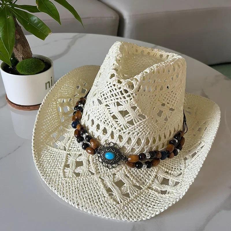 1Pc Summer Bohemian Shell Straw Hat Beach Women Men Cowboy Hats Wooden Beads Hollow Out Western Wide Brim Sun Hat Holiday Cap