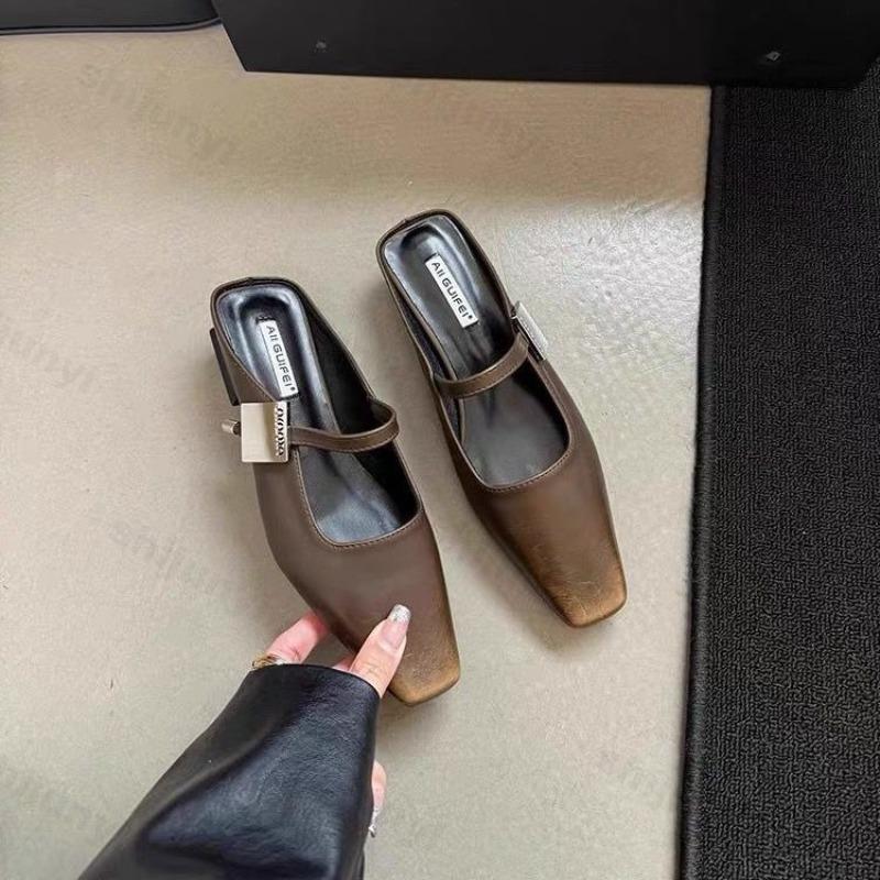 Fashion Women Slippers Mules Designer Sandals 2025 New Dress Square-toe Leather Slides 2025 Summer Slingback Buckle Sandalias De Mujer