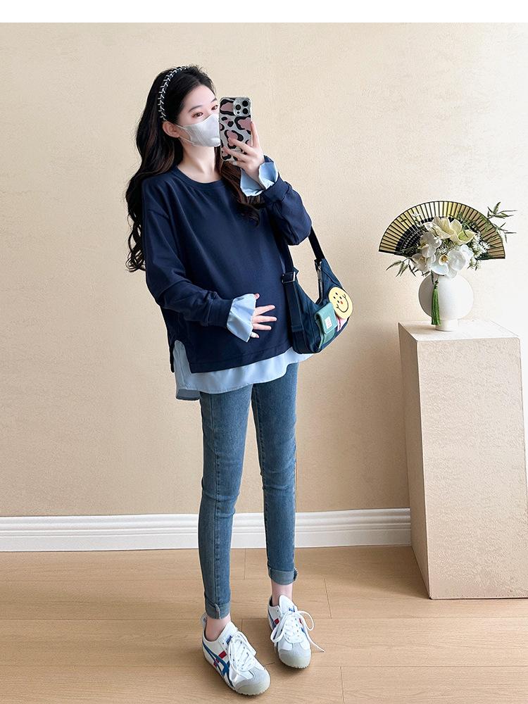 Navy Blue Long Sleeve Maternity Top, Spring/Autumn 2025, Plus Size, Fake Two-Piece Design Sweatshirt
