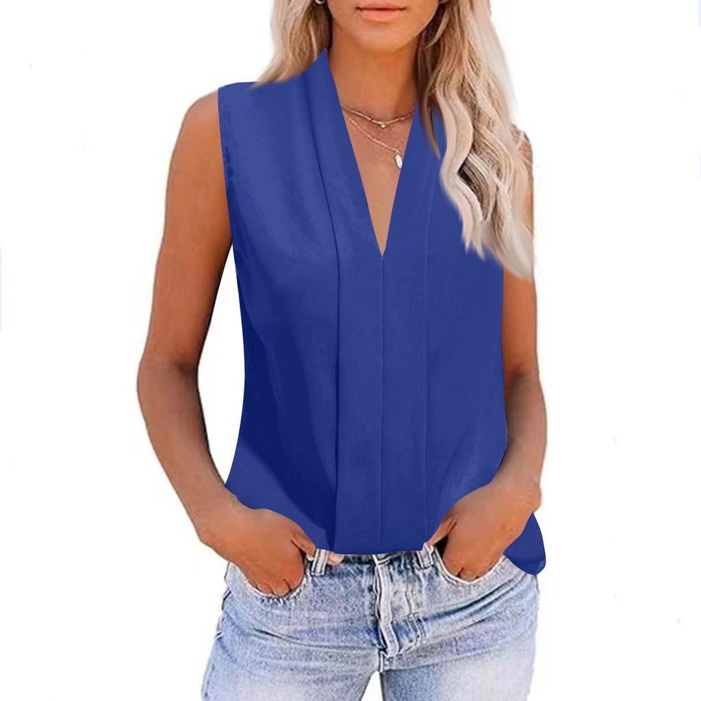 Women's Summer Fashion V-Neck Casual Sleeveless Blouse Color Tops
