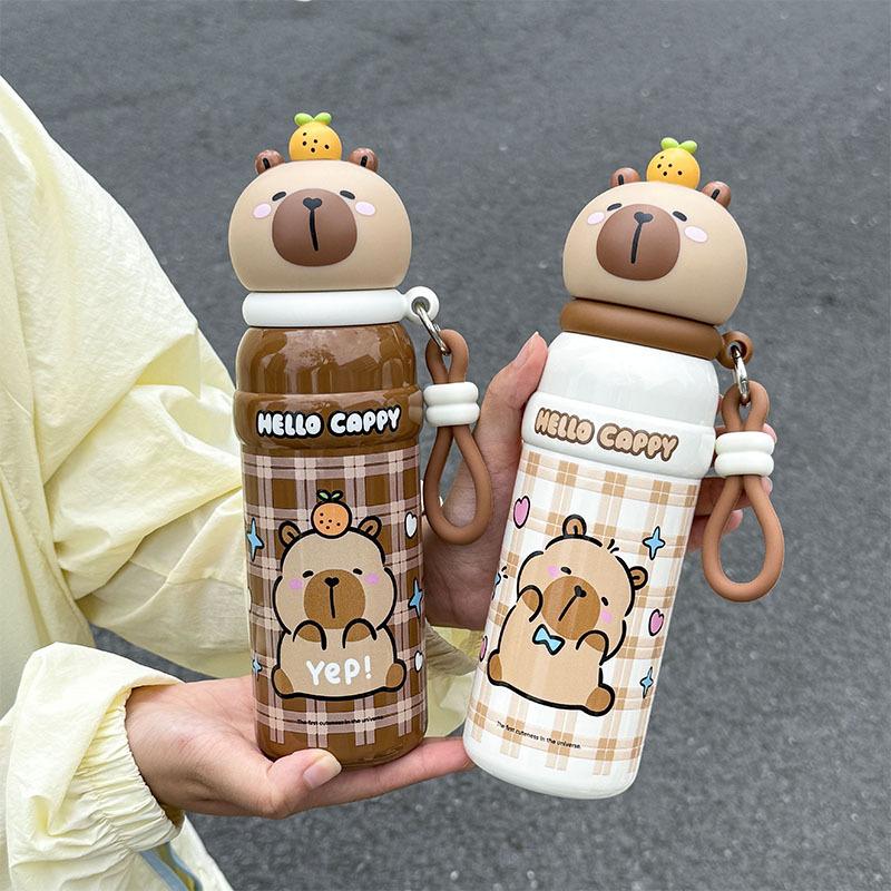 1pc Capybara Cute Cartoon ulated Water Bottle, 500ML, with Wide Hand Strap & Non-Slip Base, Portable Drinking Cup
