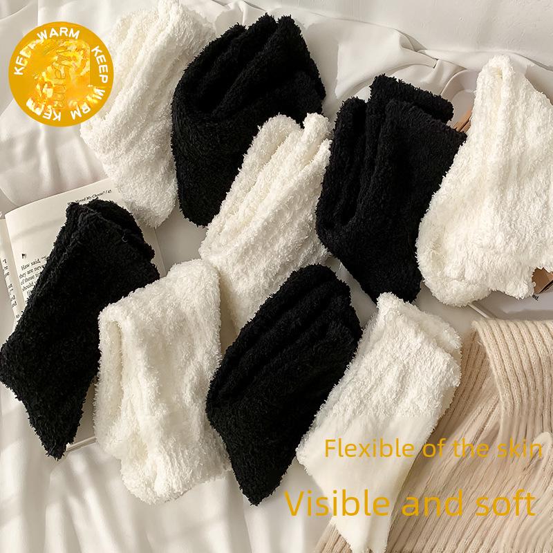 Women's Black & White Coral Fleece Mid-tube Socks - Thick, Warm, Twisted Design for Autumn & Winter