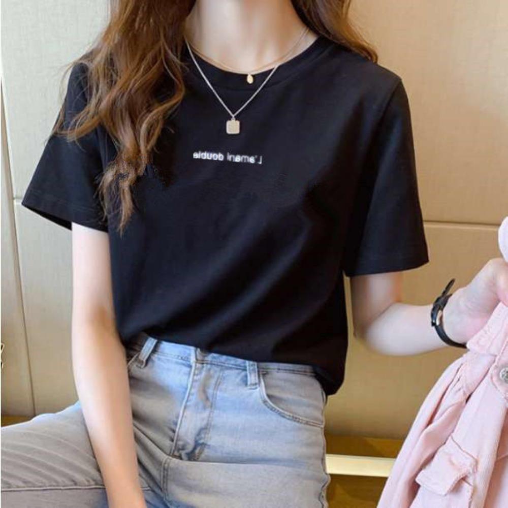 

Женская футболка с коротким рукавом Лето 2025 Новая Корейская Свободная Футболка с Принтом Букв Пуловер с Рукавом до Локтя XXXL чёрный