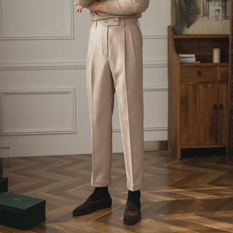 Men's High Waist Woolen Suit Pants: Warm, Straight-Leg, Solid Color, All-Match Autumn/Winter Style.
