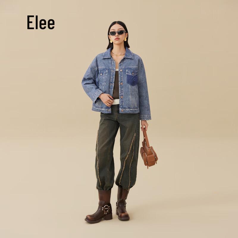 Damen Denim Revers Leichte Daunenjacke