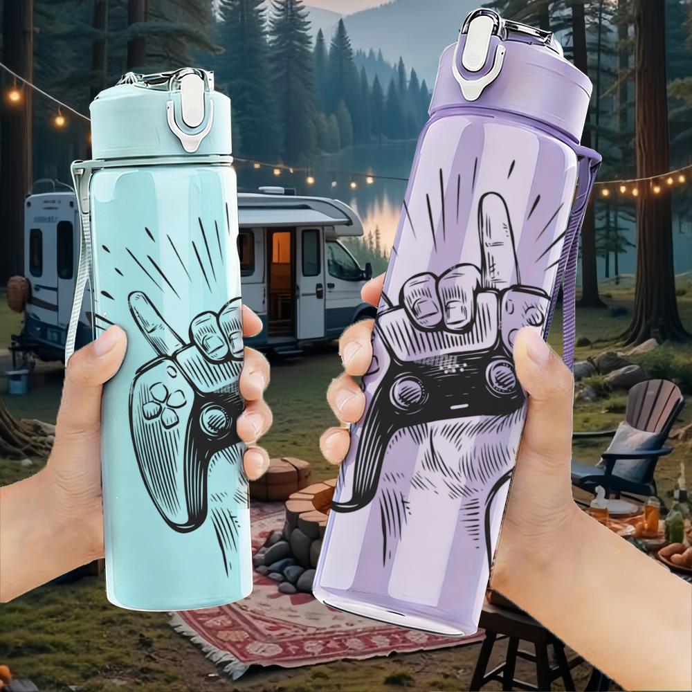1PC Game Controller Hand Sketch 750ml Color Plastic Sports Water Bottle Leakproof Flip Straw Lid Suitable for Sports Office Home Use
