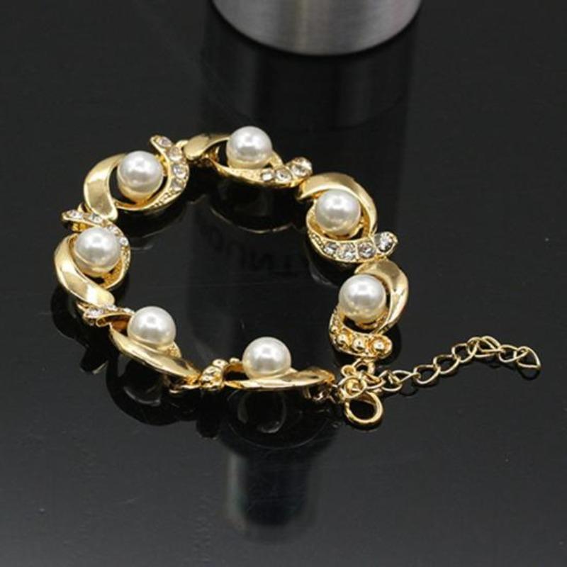 Women Faux Pearl Rhinestone Inlaid Charm Bracelet Bangle Adjustable Jewelry Gift