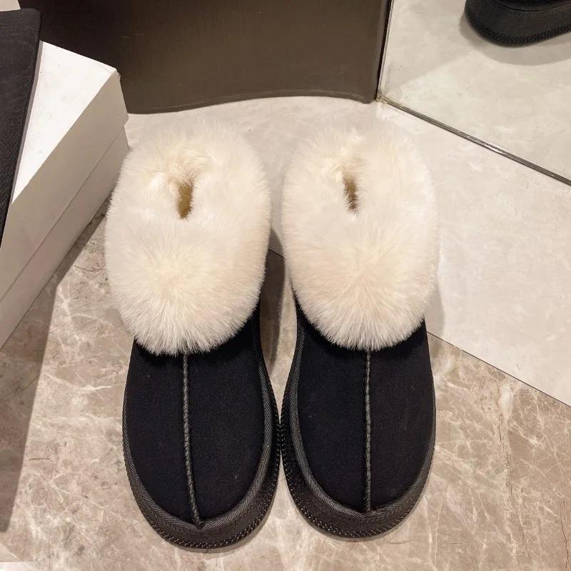 Novas botas de neve femininas da moda 2024, térmicas, forradas com pelúcia, peludas, versáteis, de camurça, cano baixo, bico redondo, quentes, botas escolares de inverno