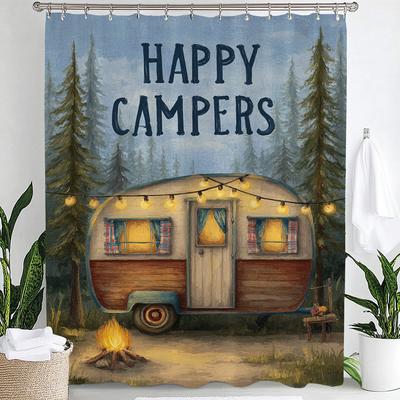 Glückliche Camper im Cartoon-Wald-Print Duschvorhang Badezimmer Dekoration Vorhang, Hängender Vorhang mit Haken Maschinenwaschbar