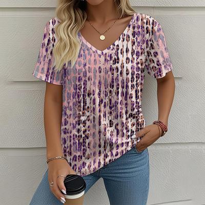 T-shirt pour femme avec imprimé léopard Motif décontracté Imprimé Vêtements d'été Rétro, Extérieur Col en V Manches courtes Mode de rue