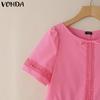 VONDA Women Short Sleeve Blouse Casual Lace Crochet Hem Hollow Tops