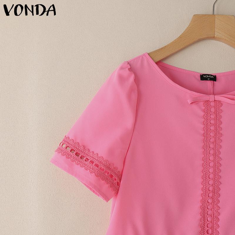 VONDA Women Short Sleeve Blouse Casual Lace Crochet Hem Hollow Tops