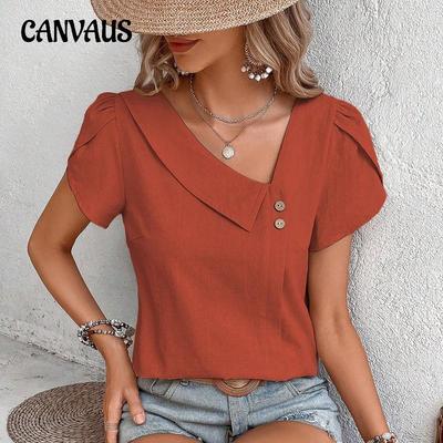 T-shirt da donna estiva con collo inclinato, tinta unita, manica corta