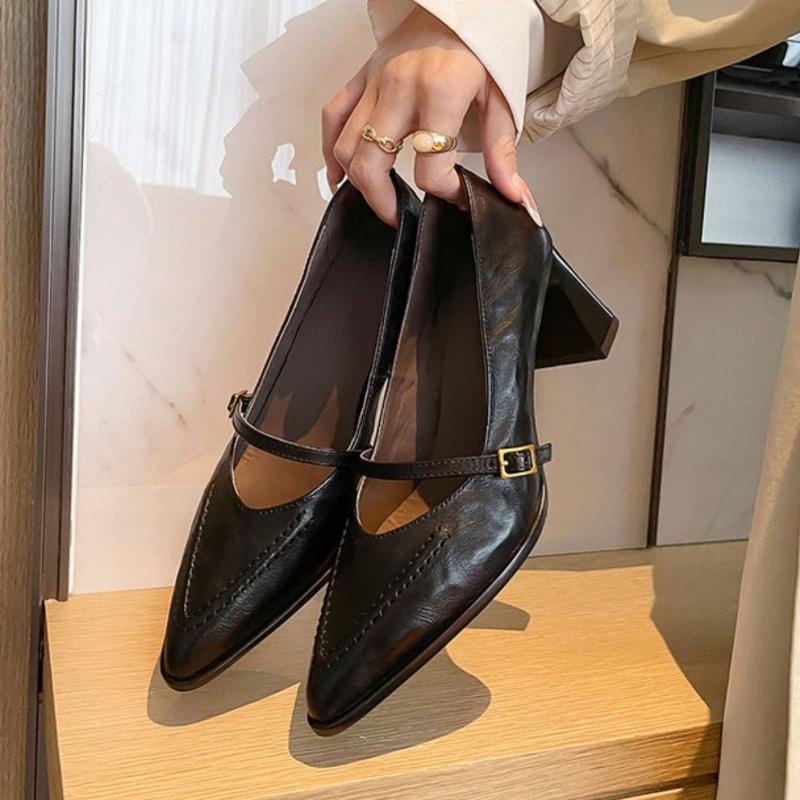 Vintage Frühling Dicke Ferse Damen Mary Jane Schuhe Flacher Schnallenriemen Schuhe Damen Elegant Spitze Zehen Tanzparty Pumps