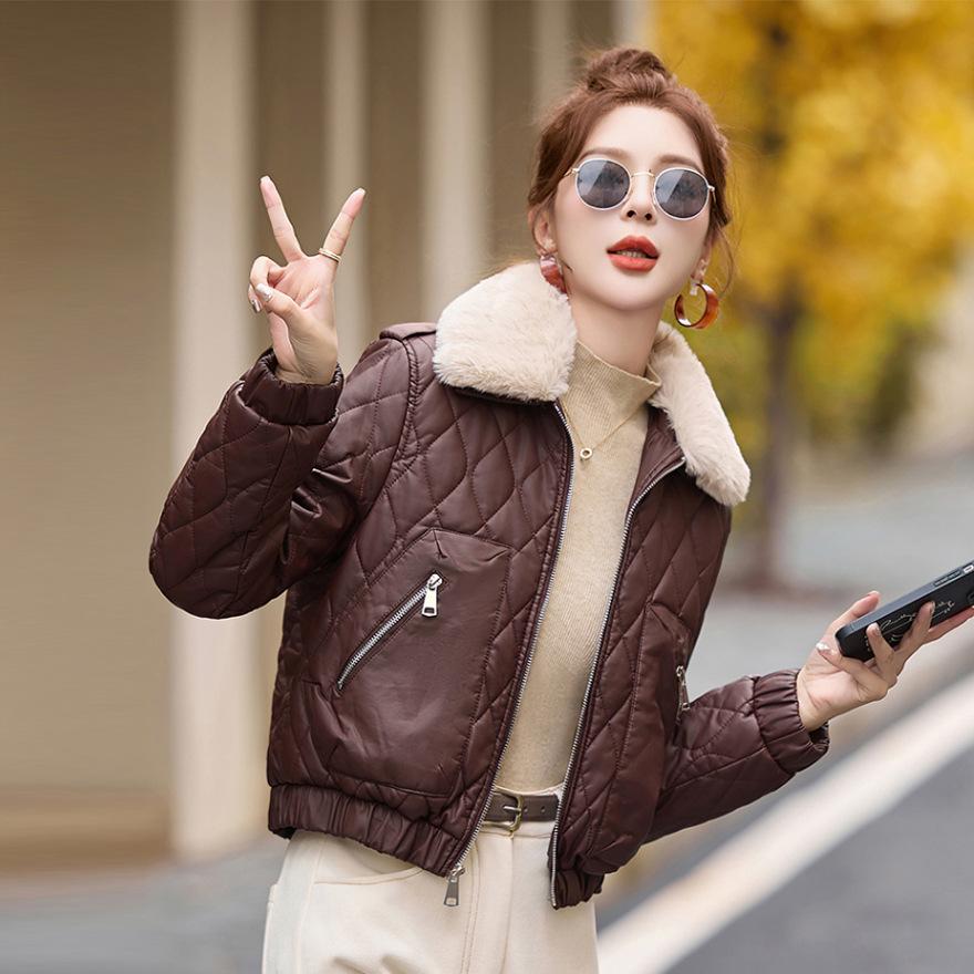 Leather Jacket Women's New Autumn and Winter Small Slim-fitting and Thin Plush Thickened Fur Collar Cotton-padded Coat