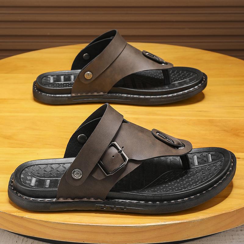 Fashion 2025 New Men's Genuine Leather Outer Wear Summer Casual Slippers Beach Shoes Anti-Slip Clip-On Slippers Soft Bottom Durable