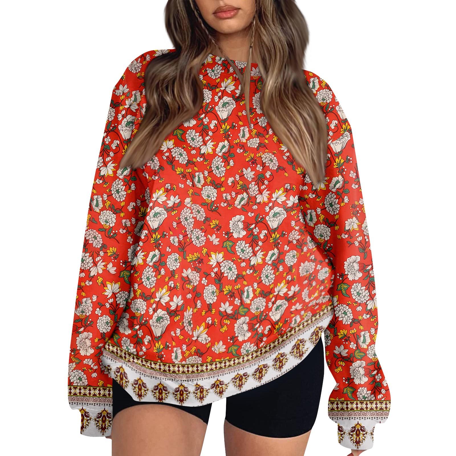 

Женские топы Женский свитшот с длинным рукавом Повседневный с круглым вырезом Свободного кроя Пуловер Флисовые топы L красный