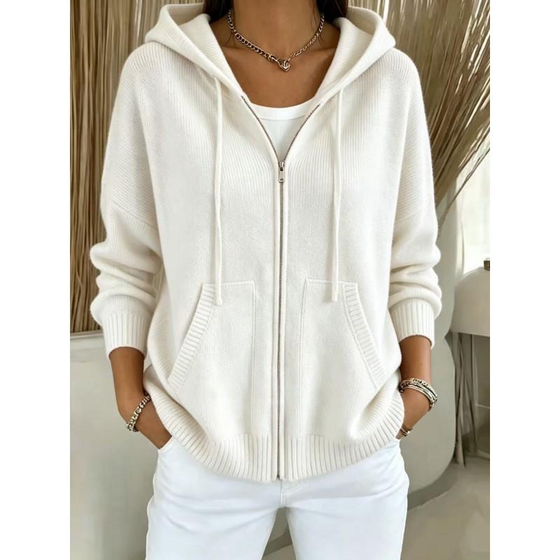 Womens Oversized Knit Hooded Zip-Up Cardigan Winter 2026 Solid Color Casual Sweater
