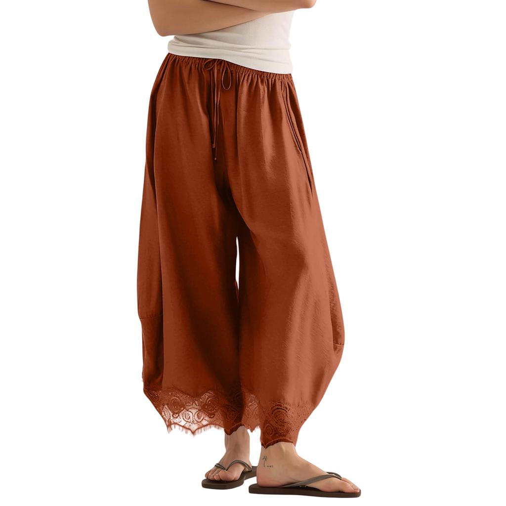Women's Casual Wide Leg Pants Elastic Waistband Drawstring Bottom Hem Lace Trim Palazzo Trousers for Everyday Wear