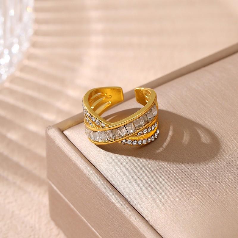 New simple and fashionable diamond-encrusted zircon cross-opening ring, high-end light luxury cold wind ring