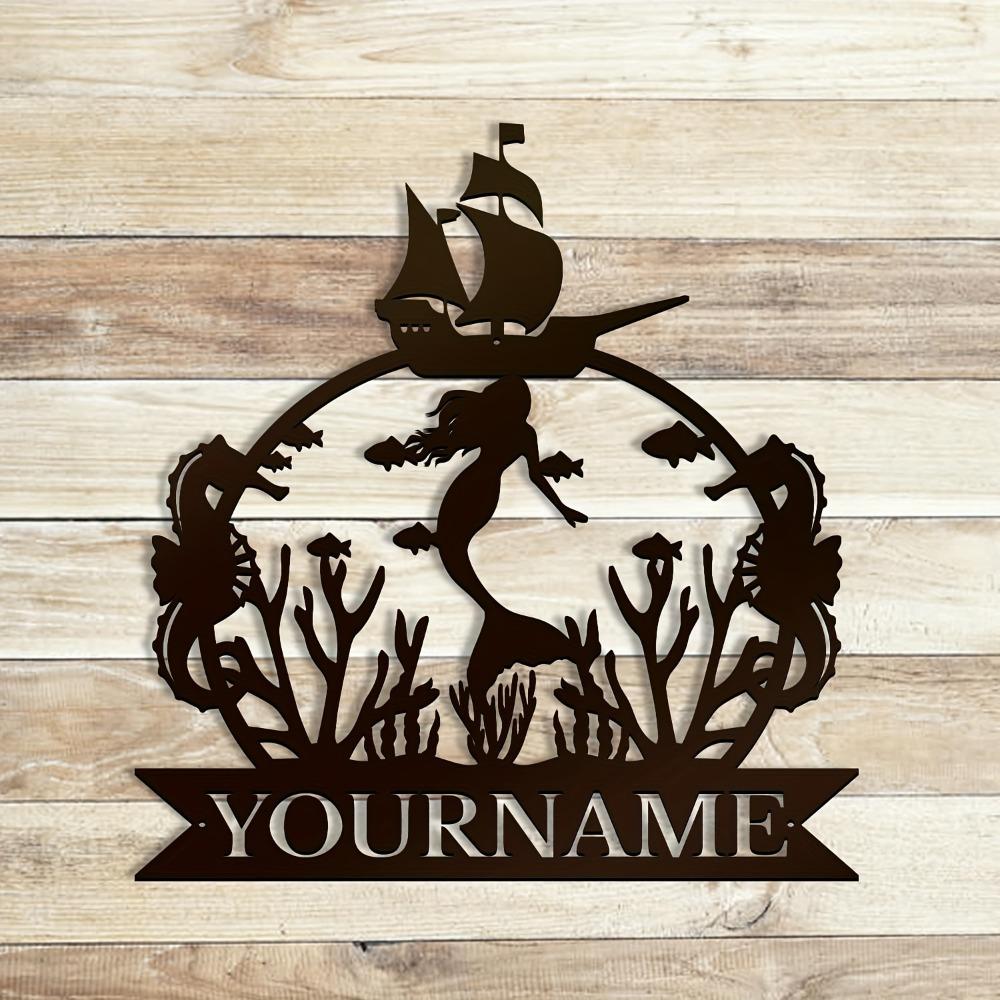 Iron Art Wall Decor Mermaid Name Sign Personalized Black Metal Indoor Outdoor Bedroom Gift