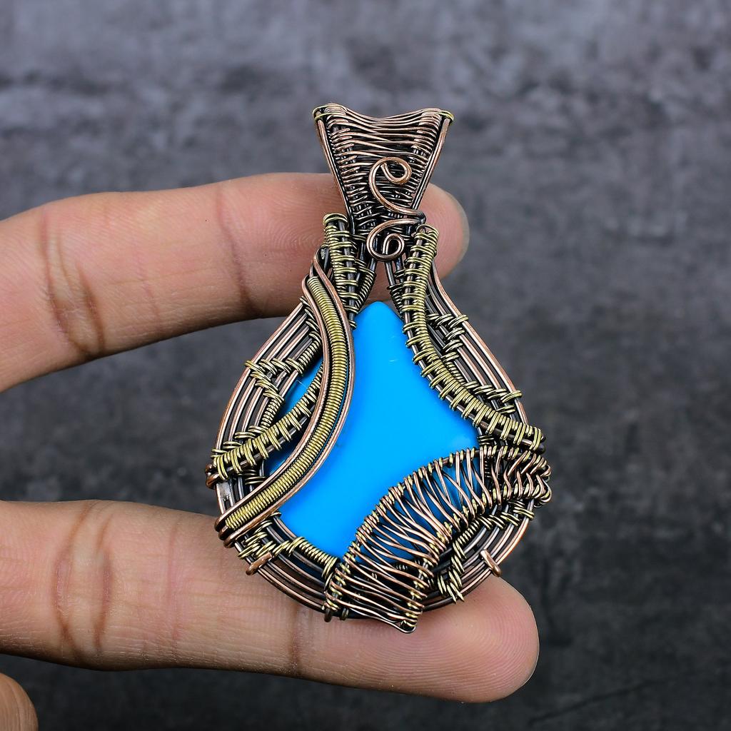Sleeping Turquoise Handmade Copper Wire Wrap Jewelry Pendant 2.80" O9F39