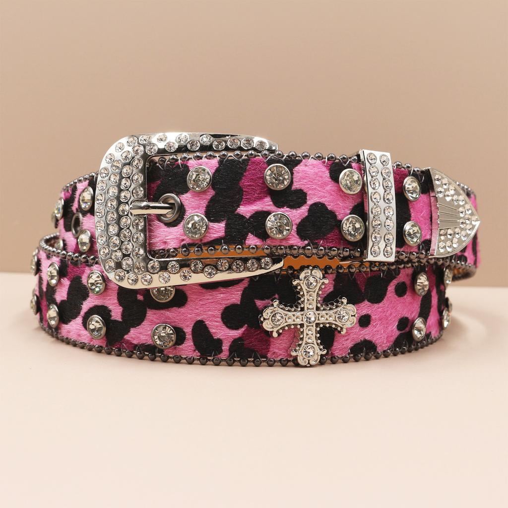 Cross Belt Leopard Print Western Rhinestone Belt Personalized Denim Woman Rivet Jeans Belt