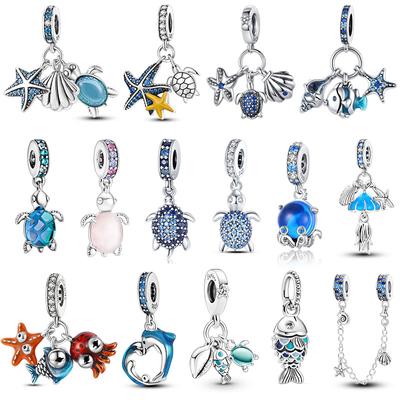 Ośmiornica Delfin Krab Gwiazda Morska Żółw Muszla Ocean Syrena Przegrzebki Kotwica Statek wycieczkowy Charms 925 Srebro Oryginalny Prezent Biżuterii
