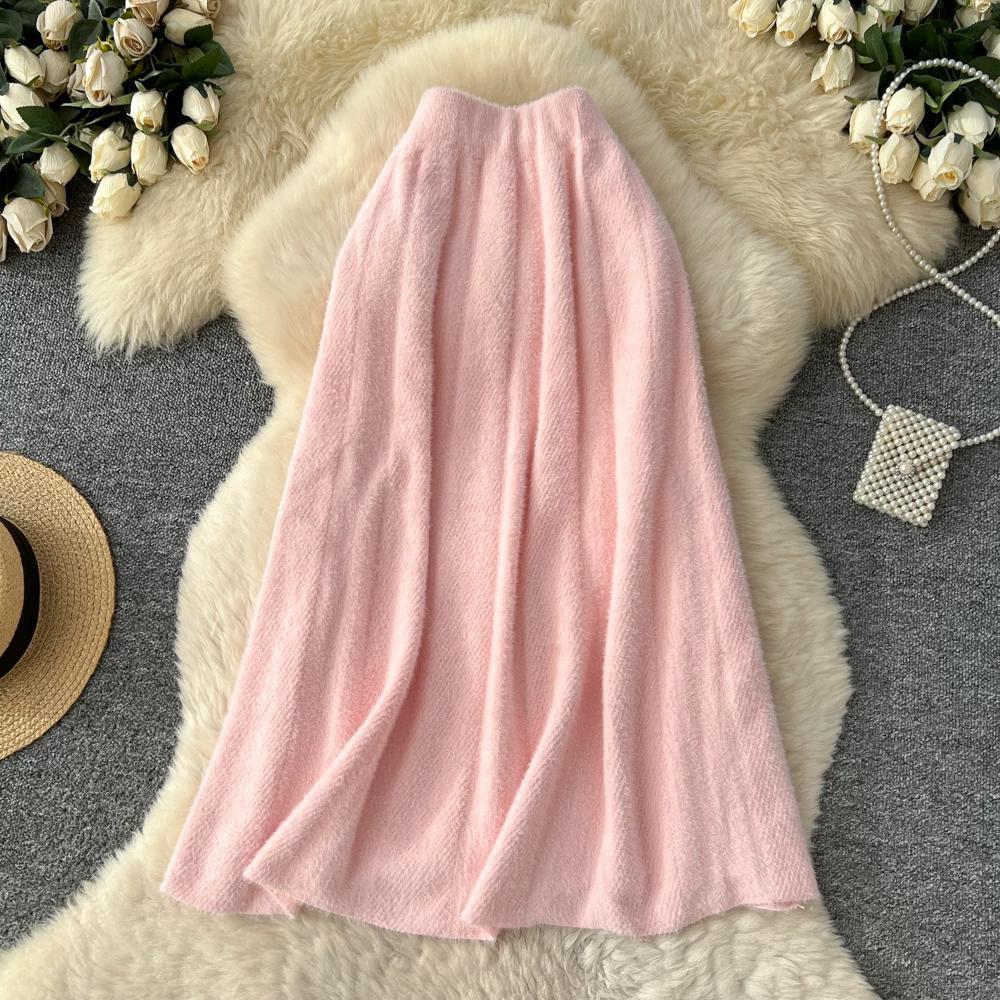 Autumn Winter Women Elegant Furry Knitted Long Midi High Waist A-line Skirt
