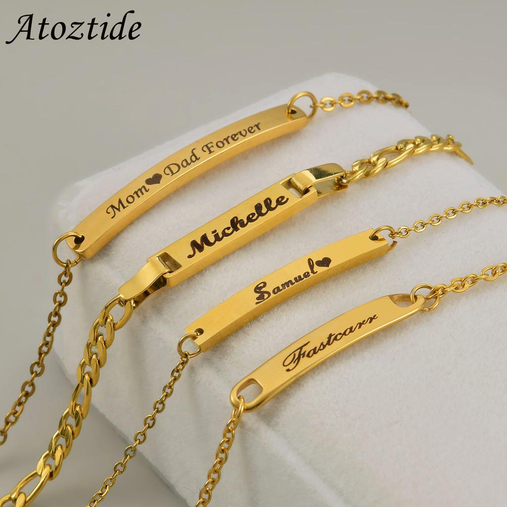 Atoztide Custom Baby Name Bar Nameplate Bracelet For Stainless Steel Women Kids Adjustable Link Chain Personalized Jewelry Gift