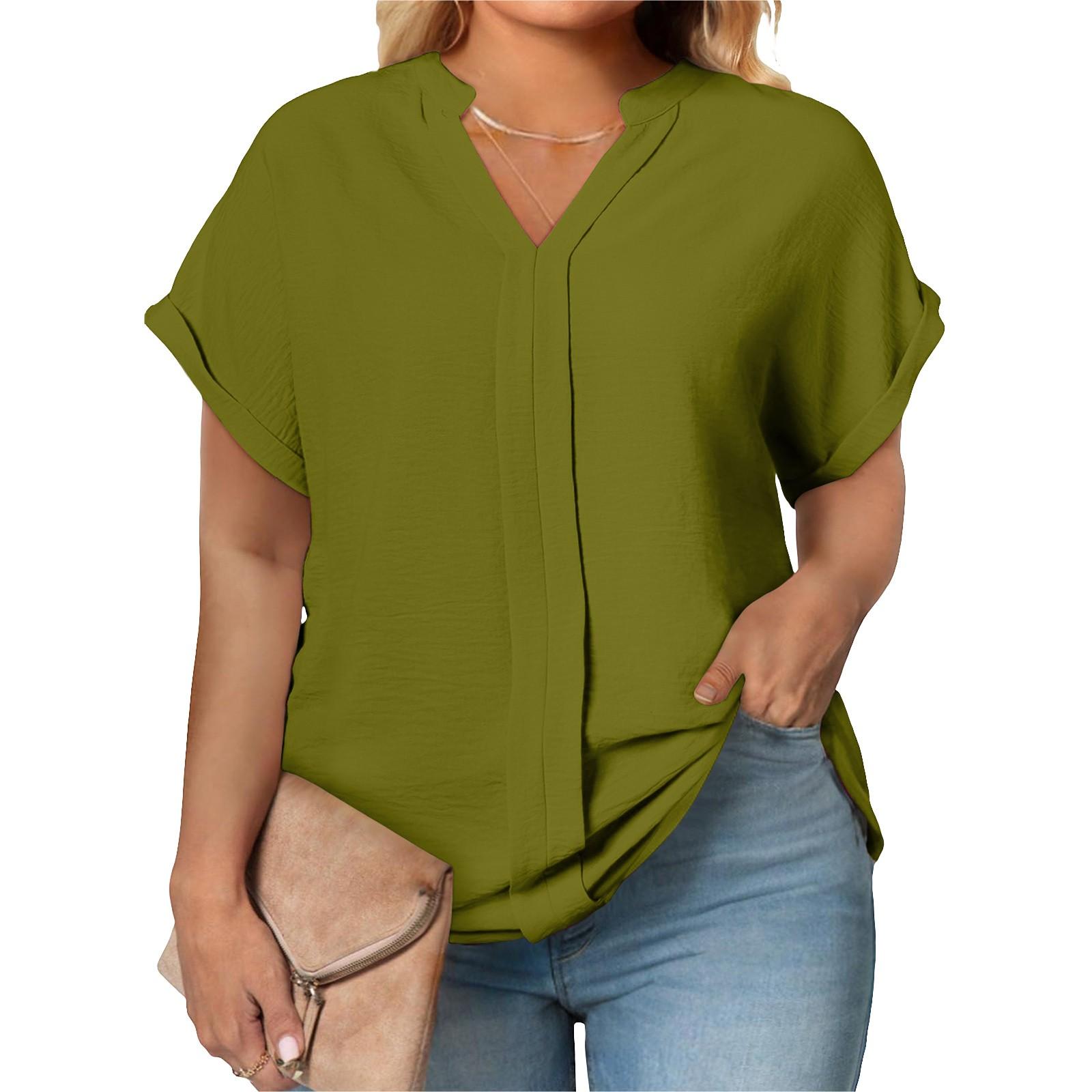 Women s Large Size T-Shirt Casual Color V-Neck Short Sleeve Raglan Sleeve Top XXL