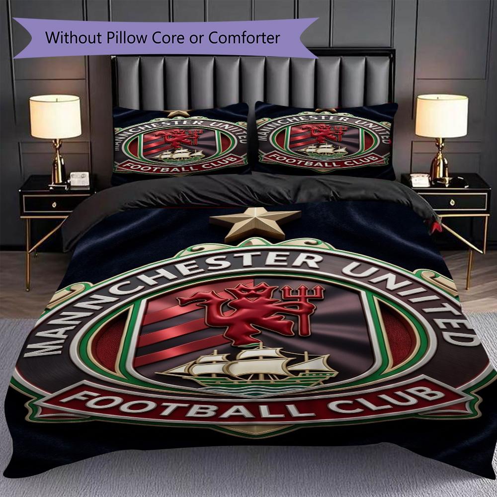 Manchester Emblem Three-piece set (1 * duvet cover + 2 * pillowcase, without core) 2D Flat Duvet cover and pillowcase Bedding set Soft and comfortable