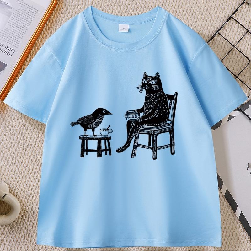 Coffee and Tea with Friends Graphic TShirt Unisex Women Funny Hipster Animal Drawing T Shirt Unique Cat Bird Tshirts Streetwear