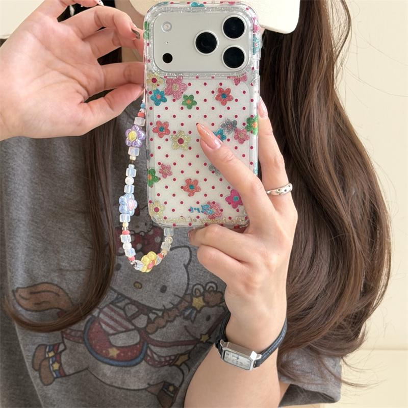 Soft Pink Flower Polka Dot Glitter Clear Case With Wrist Strap For iPhone 15 16 17 Pro Max INS Kawaii Shockproof Cover