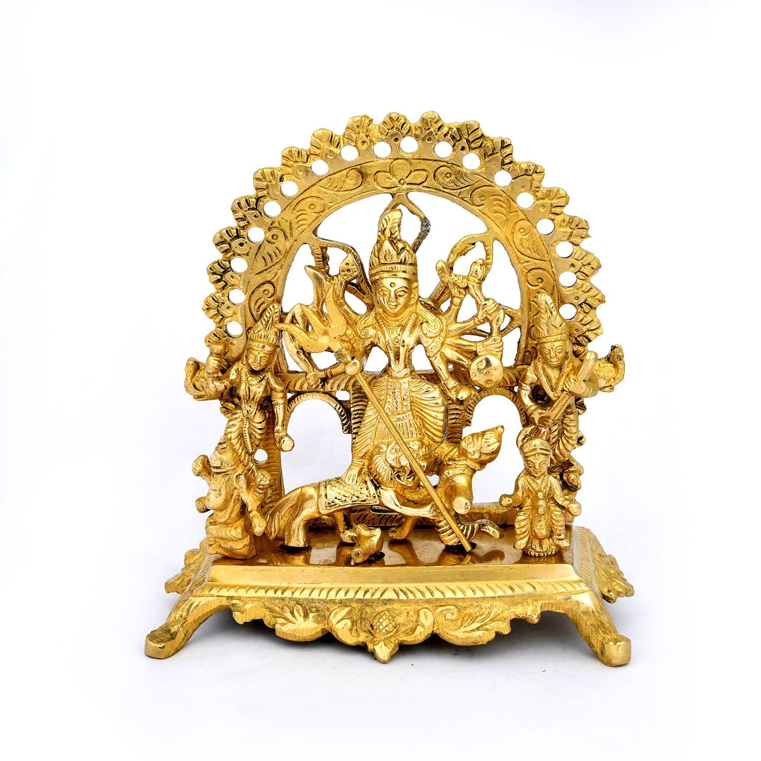 Durga Mahishashur Mardini Family Idol, Gold Plated Durga Family Brass Statue