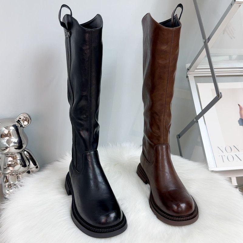 Lange Stiefel Damen Flacher Boden Höhenverstellbar Herbst Neu Britischer Stil Hoher Schaft Dünn Reißverschluss Hinten Ritterstiefel