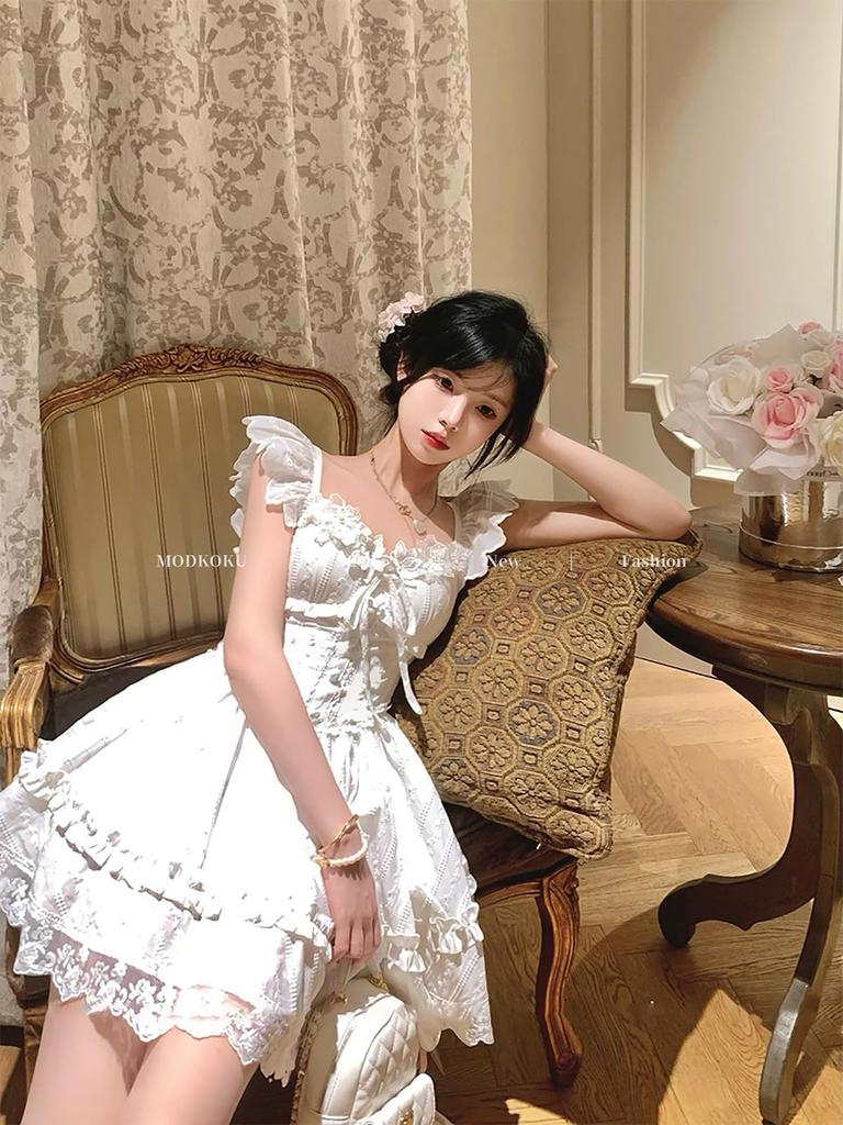 Mori Girl Dress for Flutter French Korean Clean and Summer Clothing [MODKOKU] Women, Sleeves, Girly, Elegant, Feminine, Style, Ribbon, Lace, Frills,