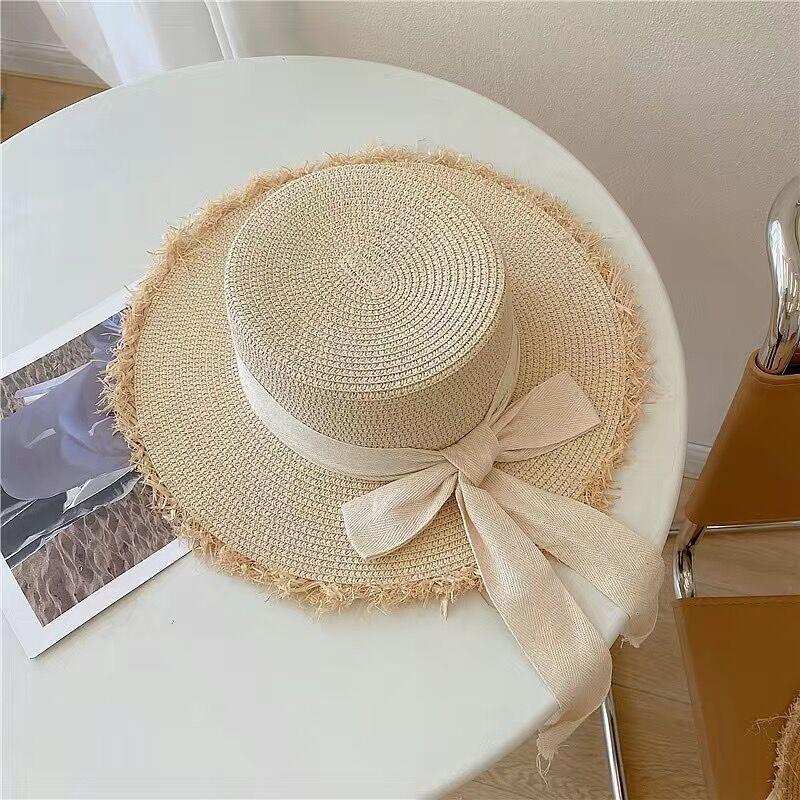 Women's Summer Flat Top Frayed Edge Straw Woven Hat Wide Brim Vacation Beach Sun Protection Hat Bowknot Decor Straw Cap