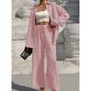 Women's Fashion Solid Color Collar Button Long Sleeve Top Elastic Waist Straight Pants Casual Set