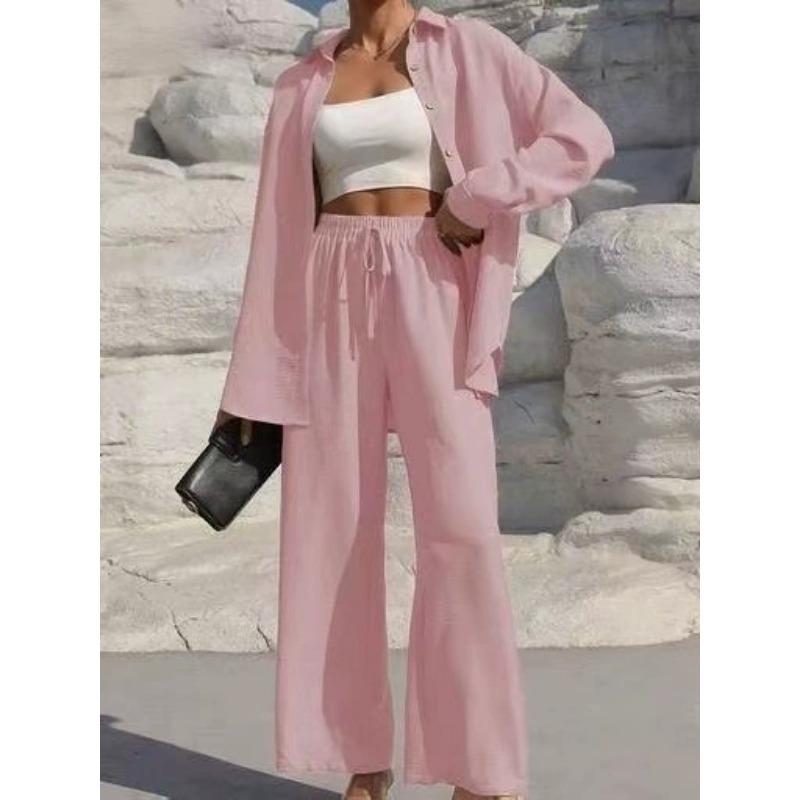 Women's Fashion Solid Color Collar Button Long Sleeve Top Elastic Waist Straight Pants Casual Set